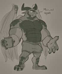 absurd_res anthro aroused belly beverage big_hands bodily_fluids boner bottomwear bulge clothing coffee cum_leaking cup dragon ears_down erection feet genital_fluids hi_res horn humanoid_pointy_ears leaking male male_only monochrome muscular muscular_anthro muscular_male nipples pants paws pecs pivoted_ears precum razzper scales scalie simple_background sketch slightly_chubby solo speech_bubble underwear wings