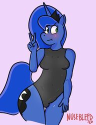 anthro blush breasts bulge clothing embarrassed embarrassed_nude_exposure equid equine friendship_is_magic futanari genital_outline genitals hasbro hi_res horse intersex looking_away mammal my_little_pony nosebleed_(artist) one-piece_swimsuit penis penis_outline pony princess_luna_(mlp) small_breasts solo swimwear thigh_gap v