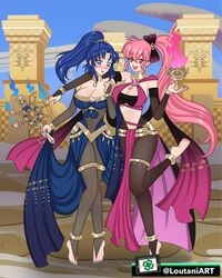 2girls alternate_costume arm_over_shoulder bare_midriff bare_shoulders barefoot big_breasts blue_eyes blue_hair blue_nails blush bodystocking cleavage dancer embarrassed eyebrows_visible_through_hair feet female_only fire fire_emblem fire_emblem:_mystery_of_the_emblem fire_emblem:_new_mystery_of_the_emblem fire_emblem_heroes fully_clothed harem_outfit kris_(female)_(fire_emblem) kris_(fire_emblem) large_breasts lene_(fire_emblem)_(cosplay) lene_(fire_emblem)_(plegian) lene_(fire_emblem)_(plegian)_(cosplay) lene_(fire_emblem)_(plegian)_(cosplay) long_hair looking_at_viewer loutaniart magic medium_hair nail_polish nintendo open_mouth open_smile phina_(fire_emblem) pink_eyes pink_hair ponytail smile tharja_(fire_emblem)_(cosplay) tharja_(fire_emblem)_(plegian) tharja_(fire_emblem)_(plegian)_(cosplay) toes