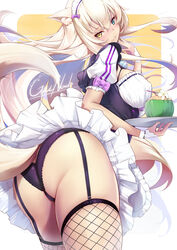 bell black_panties blonde_hair cameltoe cat_ears cat_tail catgirl coconut coconut_(sayori) fishnet_stockings fishnets gainoob garter_belt heterochromia inner_ear_fluff maid_headdress maid_uniform nekopara panties straw tagme