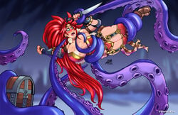 1girls 2019 battle_chasers big_hair bikini_armor blue_tentacles blush boots breasts clothing darkereve female knife legs_together long_hair metal_bikini octopus octopus_tentacles open_mouth red_hair red_monika restrained sweat tentacle tentacle_grab thighhighs treasure_chest