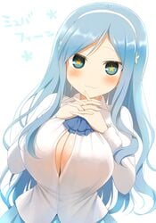 +_+ :3 blue_eyes blue_hair blush breasts cleavage cleavage_cutout clothing_cutout commentary_request female hairband himouto!_umaru-chan kujiran large_breasts long_hair looking_at_viewer smile solo symbol-shaped_pupils tachibana_sylphynford translation_request very_long_hair