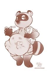 after_vore animal_crossing anthro belly big_belly canid canine cownugget duo face_imprint hi_res male mammal nintendo oral_vore raccoon_dog same_size_vore stomach_bulge tanuki text tom_nook url video_games vore