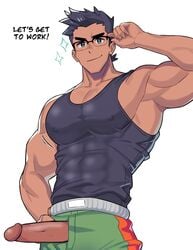 1boy armpit_hair armpits bara biceps black_hair blush clothing dark_hair dark_skin dialogue dick edit gay glasses green_pants large_penis little_mac looking_at_viewer male_focus male_only milkiato muscle muscles muscular muscular_male nintendo pants penis punch_out shorts solo_male super_smash_bros. sweat sweating sweaty tan_skin text triceps uncensored