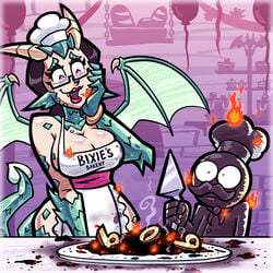 1girls 2019 apron big_breasts black_hair breasts chef_hat cleavage curvy dragon dragon_girl dragon_horns dragon_humanoid dragon_tail dragon_wings glasses hooksnfangs horns humor kitchen monster_girl naked_apron original_character pointy_ears red_eyes reptile scales tagme tail thick thick_thighs wings