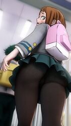 1boy 1girls ass blush_stickers brown_eyes brown_hair female_focus greatm8 green_hair izuku_midoriya looking_at_viewer looking_back my_hero_academia ochako_uraraka pantyhose school_bag school_uniform shounen_jump skirt u.a._school_uniform upskirt viewed_from_below