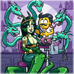 1girls bare_shoulders big_breasts breasts claws cleavage dark_hair greek_mythology green_lipstick green_skin hooksnfangs horns humor hydra lamia long_hair monster_girl pointy_ears red_eyes reptile sitting snake_girl tagme