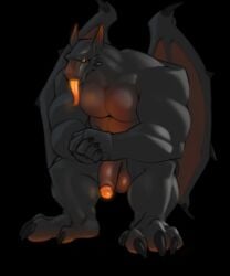 absurd_res anthro balls big_feet black_body black_skin claws dragon feet flaccid genitals glowing glowing_genitalia glowing_penis glowing_tongue hi_res humanoid_genitalia humanoid_pointy_ears long_tongue looking_at_viewer male male_only manly muscular muscular_anthro muscular_male nude paws penis plantigrade razzper red_eyes scalie simple_background sitting slightly_chubby solo toes tongue tongue_out western_dragon wings yellow_eyes