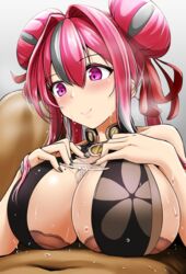 1boy 1girls azur_lane bangs bare_shoulders black_dress black_nails blush bra breast_squeeze breast_suppress breasts bremerton_(azur_lane) bremerton_(kung_fu_cruiser)_(azur_lane) china_dress chinese_clothes cleavage closed_mouth clothed_female_nude_male commentary_request dark-skinned_male dark_skin double_bun dress eyebrows_visible_through_hair female grey_hair hair_between_eyes hair_bun hajime_(wkpz8247) highres interracial large_breasts light-skinned_female light_skin long_hair looking_at_another lower_body lying mole mole_on_breast multicolored_hair nail_polish navel nude official_alternate_costume on_back paizuri pink_eyes pink_hair sidelocks simple_background sleeveless sleeveless_dress smile solo_focus stairs strapless strapless_bra streaked_hair sweat two-tone_hair underwear upper_body white_background