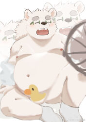 2021 absurd_res anthro balls belly blush censored closed_eyes eyewear genitals glasses hi_res kemono leib_(tokyo_afterschool_summoners) male mammal moobs navel nipples overweight overweight_anthro overweight_male polar_bear sitting solo tokyo_afterschool_summoners ursid ursine video_games xinnai0485