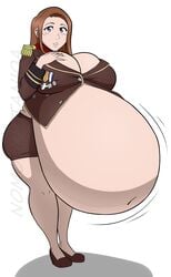 after_vore badge big_breasts brown_hair buttons capcom cleavage female gyakuten_saiban hand_on_breast huge_belly lana_skye navel nomopolitainia obese post_vore scarf surprised thick thick_thighs vore vore_belly white_background