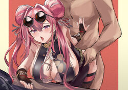 1boy 1girls azur_lane big_breasts blush breasts bremerton_(azur_lane) bremerton_(kung_fu_cruiser)_(azur_lane) clothed_female_nude_male dark-skinned_male dark_skin eyewear_on_head female glasses glasses_on_head gloves interracial light-skinned_female light_skin magenta_eyes male qipao red_hair sex shoalwaterbomb sunglasses_on_head thighhighs