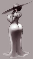 alcina_dimitrescu ass blood blood_on_face breasts breasts_bigger_than_head bubble_butt busty capcom clothed dress eirhjien female hat hourglass_figure huge_ass huge_breasts lipstick looking_back pale-skinned_female pale_skin red_lipstick resident_evil resident_evil_8:_village skin_tight tagme vampire wide_hips