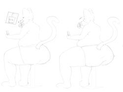 anthro ass ass_expansion belly big_belly big_butt bottomwear clothed clothing domestic_cat expansion felid feline felis furry growth hi_res male mammal monochrome obese obese_anthro obese_male overweight overweight_anthro overweight_male sodongs solo text thick_thighs underwear weight_gain wide_hips