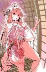 absurdres breasts dragon_girl female highres holoforce hololive hololive_japan horn humanoid idlecil idlecum kiryu_coco large_breasts long_hair looking_at_viewer nippleless no_nipples orange_hair red_eyes sketch solo standing tattoo thick_thighs virtual_youtuber