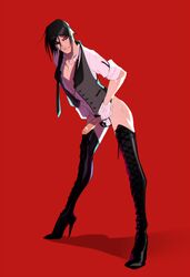 1boy black_butler black_hair boner boots butler clothed clothing demon erection gloves kuroshitsuji male naught-t pale-skinned_male pale_skin penis penis_out sebastian_michaelis solid_color_background solo standing thigh_boots thighhighs tie unbuttoned