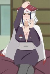 1girls agung911 big_breasts black_eyes blue_hair blush breasts busty cape cleavage clothing crossed_legs dress female female_only fishnets fully_clothed hat hokage huge_breasts legwear lipstick long_hair looking_at_viewer makeup milf mother naruto naruto_(series) naruto_shippuden no_bra sitting solo uchiha_mikoto