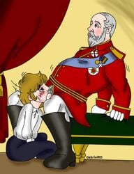 2boys beard bed big_balls big_penis blush boots cheek_bulge clothed clothing cum_in_mouth decorations deepthroat ejaculation facefuck gabriel gabrielrd gay king_edward_vii male/male male_only medals military military_uniform old_man older_dom_younger_sub older_male older_penetrating_younger on_knees oral oral_sex red_clothes royal royal_cum_dump royalty size_difference sucking thrusting_into_mouth uniform united_kingdom veiny_penis white_beard yaoi