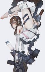 absurdres acrobatic_sex bangs barefoot blue_eyes blush brown_hair censored chains clothing feet feet_up female glasses gloves headband highres implied_anal iuui knee_pads looking_at_viewer machine machinery mari_illustrious_makinami mechanical_fixation neon_genesis_evangelion parted_bangs pilot pubic_hair pussy rebuild_of_evangelion red-framed_eyewear restrained sex_machine simple_background slq suspension upside-down vaginal_penetration westking white_background wire