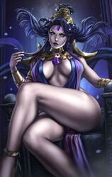 1girls black_lipstick breasts child_bearing_hips cleavage dandon_fuga detailed female_only gold_eyes hades_(game) jewelry large_breasts looking_away looking_to_the_side milf nyx_(hades) purple_hair smile thick_thighs thighs toned toned_female