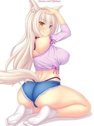 animal_ears ass bare_shoulders blonde_hair clothing coconut coconut_(sayori) daisy_dukes eyebrows_visible_through_hair hair_between_eyes heterochromia inner_ear_fluff nekopara nipple_bulge patreon shirt shorts sideboob socks tagme tail tiffynyaa url