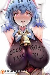 1girls armpits astraea_(atelierastraea) blue_hair blush body_writing breast_focus breasts busty cowbell english_text female ganyu_(genshin_impact) genshin_impact glowing_eyes heart-shaped_pupils horn ink large_breasts milk patreon patreon_username red_eyes smile