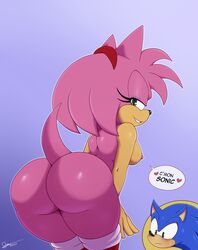 amy_rose anthro ass bigdon1992 blue_body bodily_fluids butt dat_ass eyelashes female green_eyes hair half-closed_eyes hedgehog male pink_body pink_hair sega small_tail smile sonic_(series) sonic_the_hedgehog sonic_the_hedgehog_(series) sweat tan_body