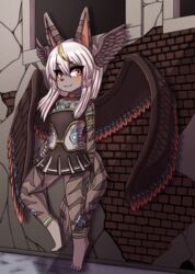 :3 absurdres anthro barefoot big_head black_wings blush brick_wall eyes_visible_through_hair feathered_wings female flat_chest folded_wings fur furry gold_highlights grey_fur grey_skin grey_stripes grey_wings hand_on_hip head_wings highres kemono komenuka_inaho long_ears looking_at_viewer neoteny orange_blush orange_eyes pleated_skirt side_cutout skirt small_breasts smaller_female smile solo standing stripes text tribal_tattoo wall white_hair wings yellow_highlights