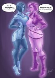 2girls 343_industries ai_character arguing argument artificial_intelligence artist_signature axlxriss blue_body blue_eyes blue_hair blue_skin body_markings breasts_pressed_against_another breasts_pressed_against_partner clothed_female cortana cropped_jacket crossover dialogue english english_text friday_(marvel) halo_(game) halo_(series) halo_4 high_heel_boots high_heels hologram humanized iron_man_(series) large_breasts marvel marvel_cinematic_universe microsoft nude_female purple_body purple_eyes purple_hair purple_skin skirt speech speech_bubble tagme toes xbox_game_studios