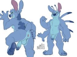 4_arms 4_fingers 4_toes alien antennae_(anatomy) anthro anthrofied anus bakameganekko balls biceps blue_body blue_fur blue_penis claws disney erection experiment_(lilo_and_stitch) feet fingers fur genitals hi_res lilo_and_stitch male male_only multi_arm multi_limb muscular muscular_anthro muscular_male nude penis piercing reference_image smile smiling_at_viewer solo standing stitch_(lilo_and_stitch) tail teeth toes
