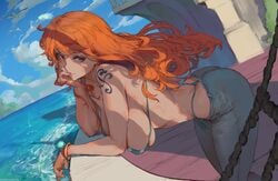 1girls absurd_res alternate_breast_size artist_name ass_cleavage big_breasts bikini bracelet breasts butt_crack curvy cutesexyrobutts female female_focus female_only hi_res horny huge_breasts jeans large_breasts leaning_forward long_hair looking_at_viewer naked nami nude nude_female ocean one_piece only_female orange_eyes orange_hair pants post-timeskip sagging_breasts sideboob signature solo solo_female striped_bikini swimsuit tattoo thong tight_clothing tight_jeans tight_pants