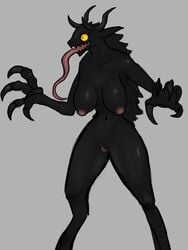 1girls 3:4 absurd_res anthro bed big_breasts black_body breasts claws digitigrade female female_only furniture furry genitals hi_res im51nn5 long_tongue monster monster_girl monster_under_your_bed nipples nude pussy raised_claws scary solo standing teeth tongue yellow_eyes