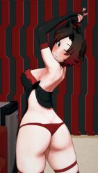 1girls 3d ass ass_focus black_hair black_hair_female breasts female female_only half-dressed half_naked half_naked_female indrick_[artist] light-skinned_female looking_back medium_breasts pose posing red_highlights ruby_rose rwby silver_eyes solo solo_female winking