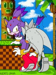 anthro ass_lick blaze_the_cat domestic_cat eyelashes female gloves grey_body licking male nude ponytail purple_body purple_hair rape sega shocked silver_the_hedgehog sonic_(series) straight suprise_sex suprised tail tuft white_body yellow_eyes