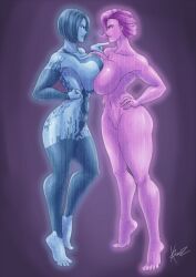 2girls 343_industries ai_character arguing argument artificial_intelligence artist_signature axlxriss blue_body blue_eyes blue_hair blue_skin body_markings breasts_pressed_against_another breasts_pressed_against_partner cortana crossover friday_(marvel) halo_(game) halo_(series) halo_4 hologram humanized iron_man_(series) large_breasts marvel marvel_cinematic_universe microsoft nude nude_female purple_body purple_eyes purple_hair purple_skin tagme toes xbox_game_studios