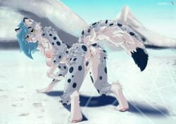 anthro anus ass black_body black_fur blue_hair blush bodily_fluids body_blush breast_blush digital_drawing_(artwork) digital_media_(artwork) dripping_vulva erect_nipples fazer felid feline fur genital_fluids genitals grey_body grey_fur hair hi_res kryptidikettu looking_at_viewer lumipantteri_(fazer) mammal markings nipples painted_background pantherine presenting presenting_hindquarters raised_tail signature snow_leopard solo spots spotted_body spotted_fur spotted_markings surprised tail vulva vulva_blush white_body white_fur