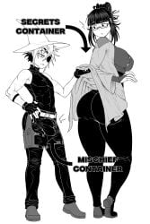 1boy 1girls big_ass big_balls big_penis bulge bulge_through_clothing bulge_under_clothes evil_container eyepatch fingerless_gloves fully_clothed hair_bun in_stars_and_time kiahl lifting_clothing lifting_shirt lobsterkiahl mature_female nonbinary odile_(in_stars_and_time) pointed_hat shorter_male shorter_male/taller_female siffrin_(in_stars_and_time) taller_female tight_clothing tight_pants