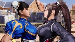 2girls 3d akiman_pose alternate_costume amusement_park audible_music bare_shoulders black_gloves black_jacket black_pants blue_dress breast_press breasts brown_eyes brown_hair capcom capcom_vs_snk_2 china_dress chinese_dress chun-li chun-li_(street_fighter_6) compilation cropped_jacket dolphin_shorts double_bun dress fatal_fury fatal_fury:_city_of_the_wolves female female_focus female_only forest game_screenshot gloves hair_bun hair_ribbon hand_fan high_ponytail holding holding_fan jacket japanese_clothes large_breasts leather leather_jacket leather_pants long_hair long_sleeves mai_shiranui mai_shiranui_(casual) mai_shiranui_(city_of_the_wolves) matching_hair/eyes mod multiple_girls music nature official_alternate_costume pants pink_shorts ponytail ribbon shorts snk sound street_fighter street_fighter_6 swept_bangs symmetrical_docking tagme tank_top thick_thighs thighs train video white_tank_top yellow_hair_ribbon yellow_ribbon