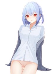 absurdres arms_at_sides blur_censor bottomless censored cleft_of_venus collared_shirt commentary_request cowboy_shot female grey_jacket highres jacket jacket_partially_removed keisuke309 looking_at_viewer one_side_up original parted_lips purple_hair pussy pussy_juice raised_inner_eyebrows red_eyes shirt short_hair simple_background solo standing variant_set white_background white_shirt wing_collar