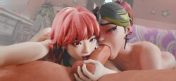 1boy 2girls bedroom choking choking_on_cock faceless_male fortnite grabbing_balls hana_park_(fortnite) helsie_(fortnite) licking_penis looking_at_viewer selfie smaller_female sucking sucking_penis tm04 tounge_on_cock tounge_out wet_penis