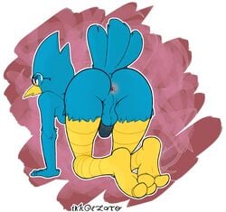 2_toes anthro anus ass avian backsack balls ballsack beak berdly big_ass bird bird_feet blue_body blue_feathers colored_background deltarune digital_media_(artwork) edit erection furry glasses inkgelato looking_away male male_only presenting_hindquarters raised_tail rear_view solo tail_feathers toes