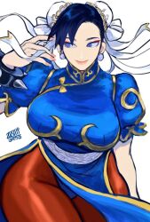 big_breasts blue_dress blue_eyes bracelet breasts brown_pantyhose capcom china_dress chinese_clothes chun-li commentary dated double_bun dress earrings eyeshadow female hair_bun hair_buns hair_ribbon hashtag-only_commentary high_collar jewelry large_breasts makeup mature_female milf misodiru pantyhose profile puffy_short_sleeves puffy_sleeves red_eyeshadow ribbon short_sleeves signature solo spiked_bracelet spikes street_fighter