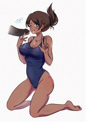 1boy 1girls asahina_aoi blush brown_hair cum cum_on_breasts cum_on_face cum_string danganronpa dark-skinned_female dark_skin disembodied_penis heart-shaped_pupils kneeling licking_lips nikkei_(artist) one-piece_swimsuit school_swimsuit straight_hair swimsuit v wink