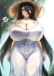 1girls big_breasts black_hair breast_squish breasts child_bearing_hips choker chubby chubby_female cosplay dress female folklore giant_breasts golden_eyes hasshaku-sama hasshaku-sama_(cosplay) hasshaku-sama_(cosplay)no_bra hat horse horse_ears horse_girl japanese_mythology legend long_hair manhattan_cafe_(umamusume) massive_breasts mythology pussy pussy_visible_through_clothes sun_hat thick thick_hips thick_legs thick_thighs thigh_gap umamusume urban_legend vagina white_body white_dress white_skin yellow_eyes yuugatou_(yuuzutu)