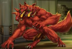 3_heads 5_fingers amon-sydonai anthro balls big_penis biped canid canid_demon canine cerberus cerberus_(hades) claws collar collar_only demon european_mythology fingers genitals greek_mythology hades_(game) hellhound hi_res humanoid_genitalia humanoid_hands humanoid_penis male mammal multi_head muscular muscular_anthro muscular_male muscular_thighs mythological_canine mythological_creature mythology nude penis red_tail signature tail
