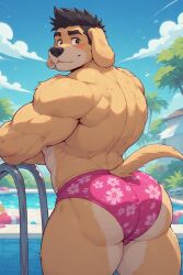 ai_generated anthro back_muscles bara big_ass big_eyebrows black_hair black_nose blush bubble_butt buff canid canine canis domestic_dog floppy_ears flower_print ftm_ furry homosexual looking_at_viewer looking_back male male_only muscles muscular muscular_male outside pink_speedo poolside smile speedo swimsuit tail transgender water yellow_eyes yellow_fur