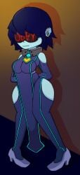 1girls 2d 2d_(artwork) alternate_costume arms_behind_back big_ass big_butt blank_eyes blank_stare blue_body blue_hair blue_skin blush brainwashing busty busty_female c120run clothed clothed_female collar corruption curvy curvy_female curvy_figure deltarune digital_drawing_(artwork) digital_media_(artwork) drone dronification female female_focus female_only feminine feminine_body feminization heart heart_collar heart_locket high_heels kris_(deltarune) kris_female_(deltarune) large_ass large_butt obedience obedient personality_change sexy sexy_pose short_hair smile smiling solo spiky_hair teenager text trance visor yellow_eyes