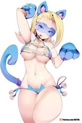 1girls absurd_res animal_ears animal_lingerie bell belly blonde_hair blue-tinted_eyewear blue_eyes blush breasts cat_cutout cat_ears cat_girl cat_lingerie cat_tail choker cleavage clothing_cutout female female_only gloves hi_res hotvr keyhole lingerie long_hair mask midriff my_hero_academia nekomimi panties pixie_bob ryuuko_tsuchikawa side-tie_panties simple_background smile smirk standing tail thigh_gap tinted_eyewear tongue underboob underwear visor white_background wide_hips wild_wild_pussycats