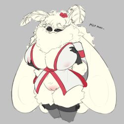 1:1 absurd_res antennae_(anatomy) anthro arthropod big_breasts big_wings blush body_blush breasts byryndyk clothing dress female flower fluffy genitals hi_res insect_wings insects legwear lepidopteran lepidopteran_wings monochrome moth neck_tuft plant solo standing thigh_highs tuft vulva vulva_blush wings