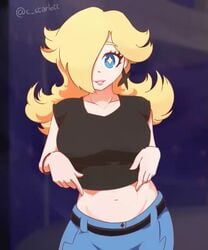 1girls animated bare_arms big_breasts black_shirt blonde_hair blue_eyes breasts c_starlett clothing female female_only flashing hair_over_one_eye huge_breasts long_hair looking_at_viewer mario_(series) midriff nintendo nipples no_sound pants princess_rosalina shirt shirt_lift smile solo solo_female standing tagme video